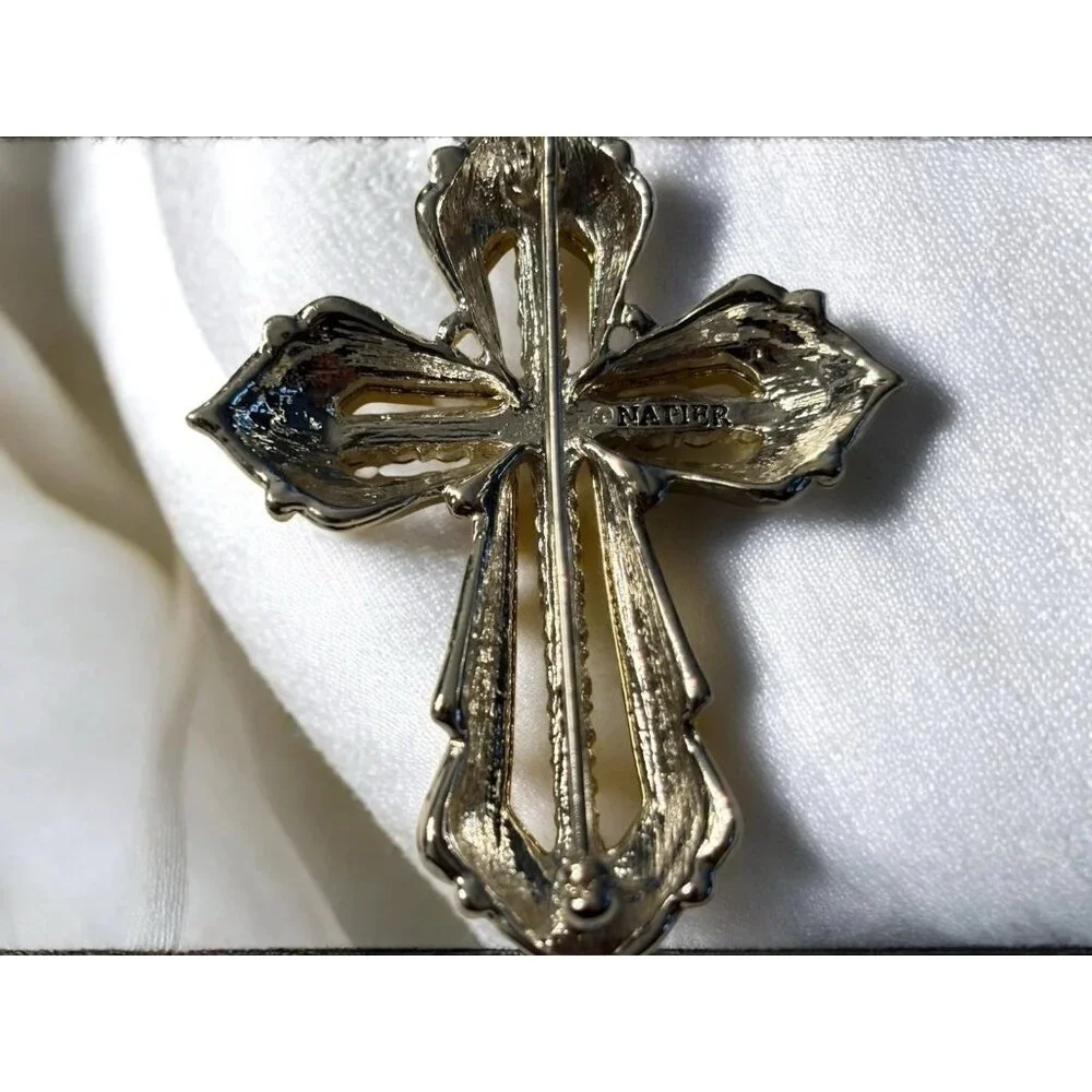 Napier Cross Brooch Pin Gold & Silver Tone Clear Rhinestones Open Work Religious